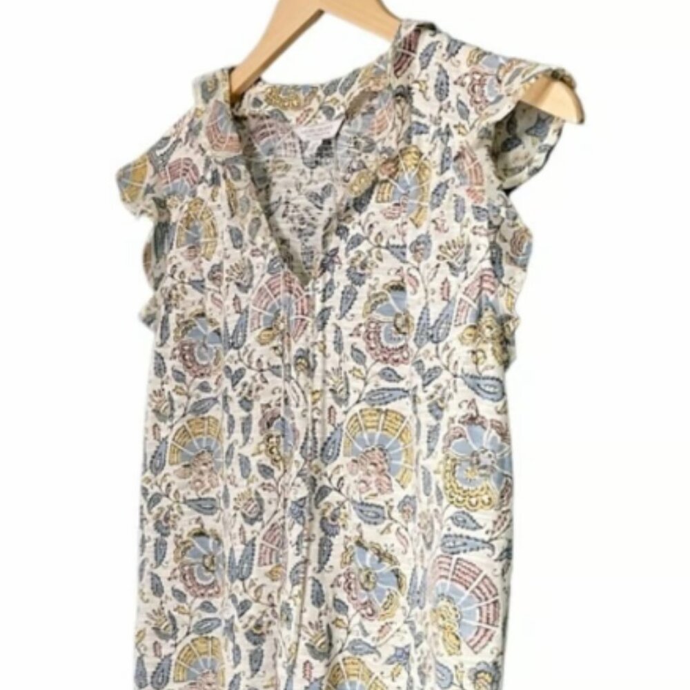 Lucky Brand Top Floral Flutter Sleeve Peasant Ivory Pastel Boho Women's Sz Small